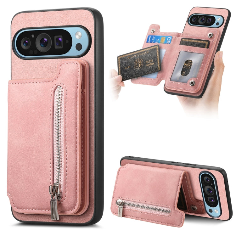 For Google Pixel 8 Pro Retro MagSafe Zipper Wallet Card Bag Back Phone Case(Pink)