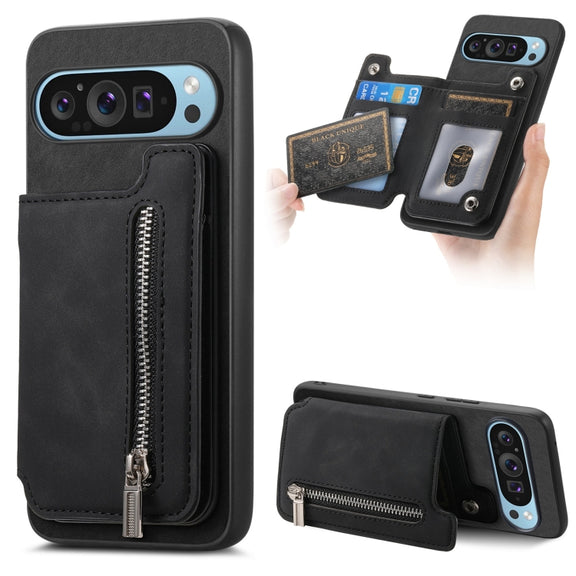 For Google Pixel 8 Pro Retro MagSafe Zipper Wallet Card Bag Back Phone Case(Black)