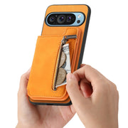 For Google Pixel 8 Retro MagSafe Zipper Wallet Card Bag Back Phone Case(Yellow)