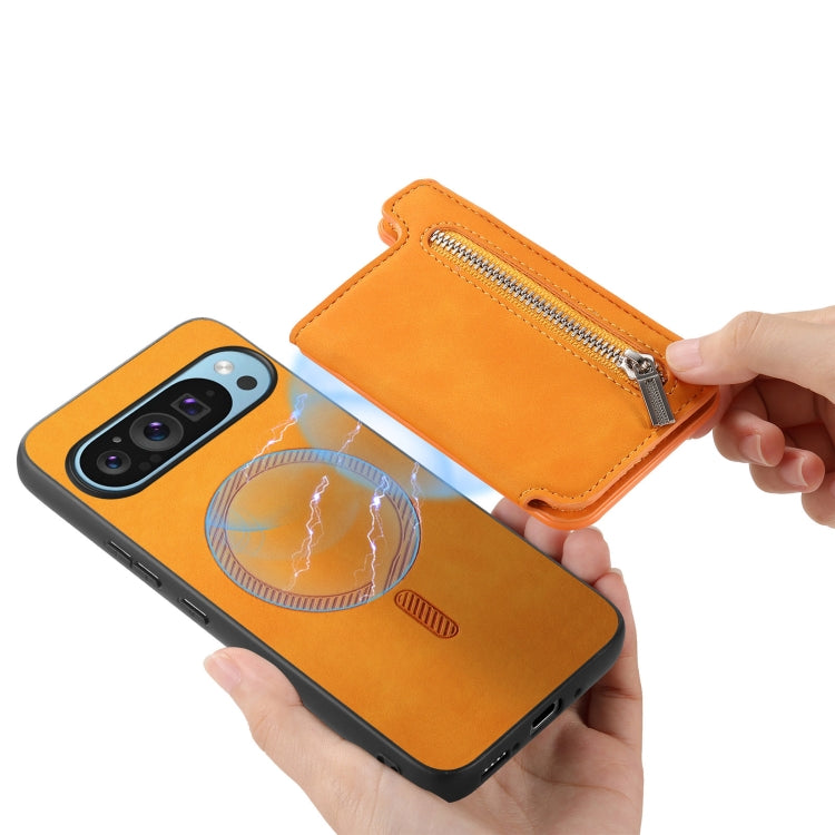 For Google Pixel 8 Retro MagSafe Zipper Wallet Card Bag Back Phone Case(Yellow)