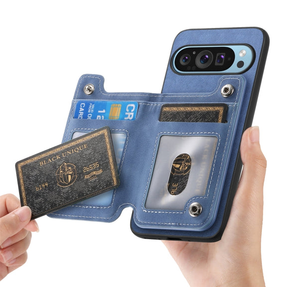 For Google Pixel 8 Retro MagSafe Zipper Wallet Card Bag Back Phone Case(Blue)