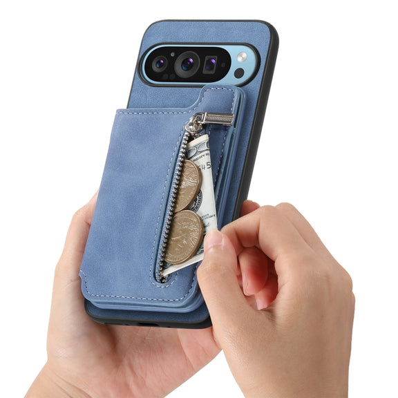 For Google Pixel 8 Retro MagSafe Zipper Wallet Card Bag Back Phone Case(Blue)