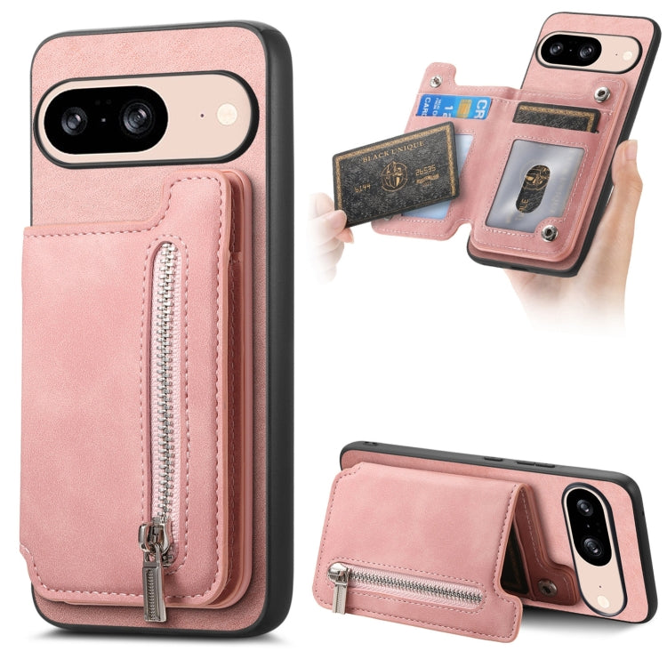 For Google Pixel 8 Retro MagSafe Zipper Wallet Card Bag Back Phone Case(Pink)