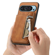 For Google Pixel 8 Retro MagSafe Zipper Wallet Card Bag Back Phone Case(Brown)