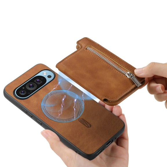 For Google Pixel 8 Retro MagSafe Zipper Wallet Card Bag Back Phone Case(Brown)