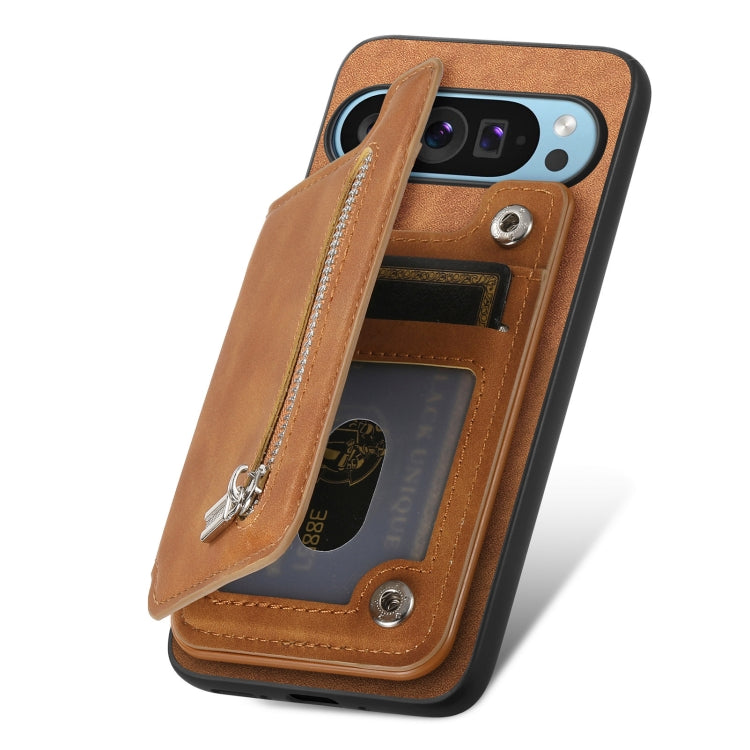 For Google Pixel 7a Retro MagSafe Zipper Wallet Card Bag Back Phone Case(Brown)