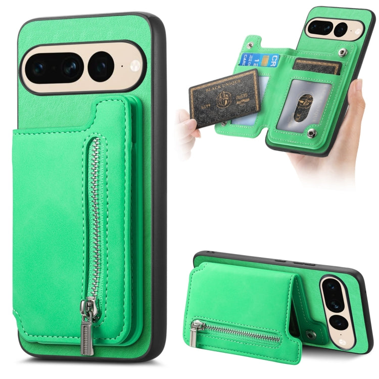 For Google Pixel 7 Pro Retro MagSafe Zipper Wallet Card Bag Back Phone Case(Green)