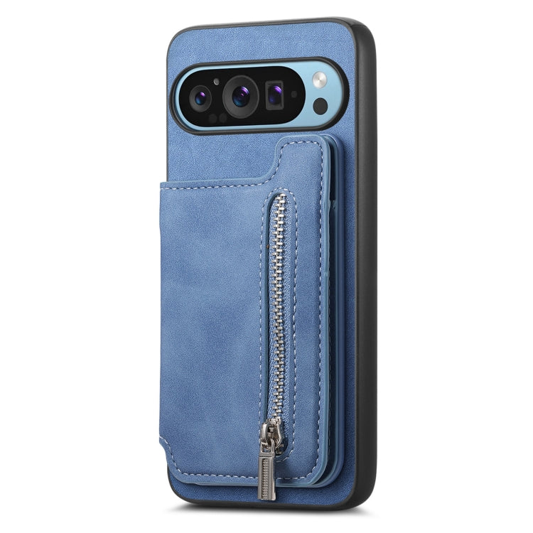 For Google Pixel 7 Retro MagSafe Zipper Wallet Card Bag Back Phone Case(Blue)