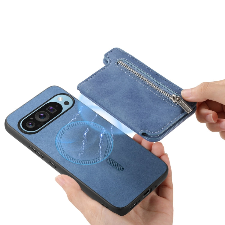 For Google Pixel 7 Retro MagSafe Zipper Wallet Card Bag Back Phone Case(Blue)