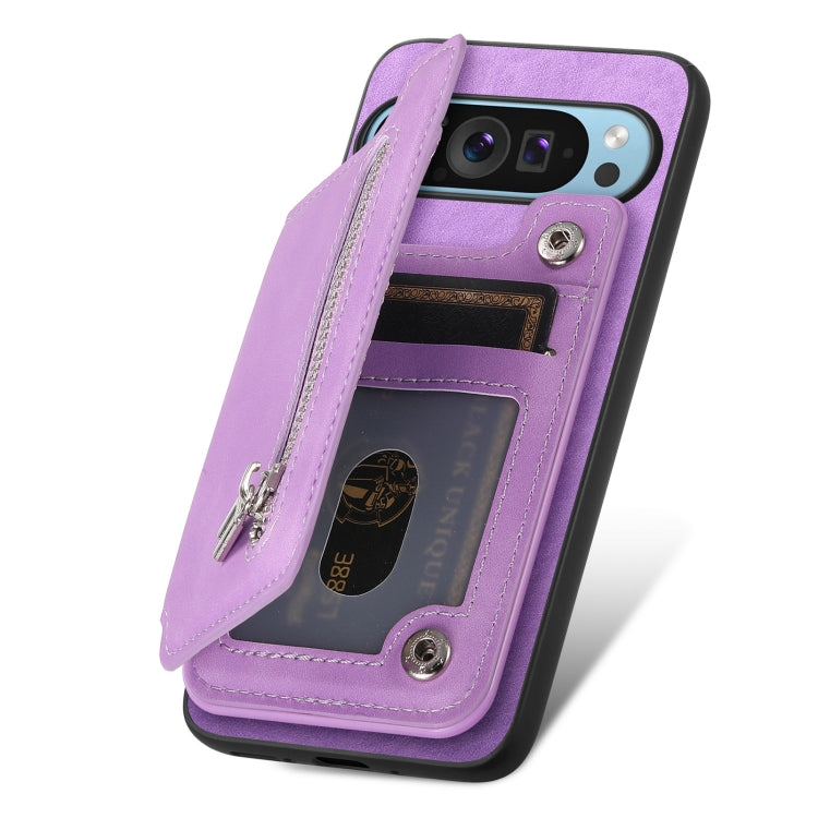 For Google Pixel 7 Retro MagSafe Zipper Wallet Card Bag Back Phone Case(Purple)