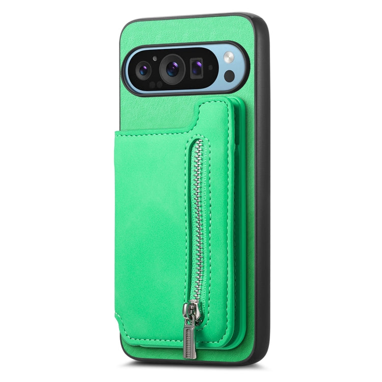 For Google Pixel 7 Retro MagSafe Zipper Wallet Card Bag Back Phone Case(Green)