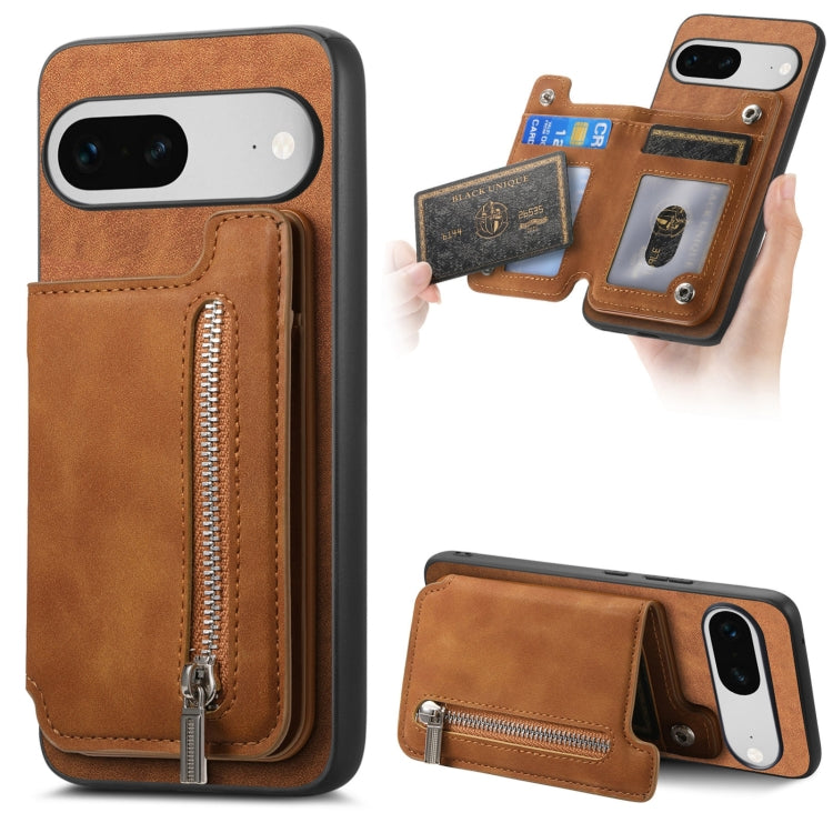 For Google Pixel 7 Retro MagSafe Zipper Wallet Card Bag Back Phone Case(Brown)