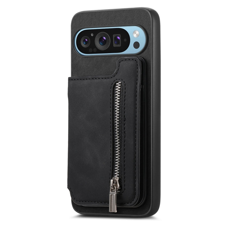 For Google Pixel 7 Retro MagSafe Zipper Wallet Card Bag Back Phone Case(Black)