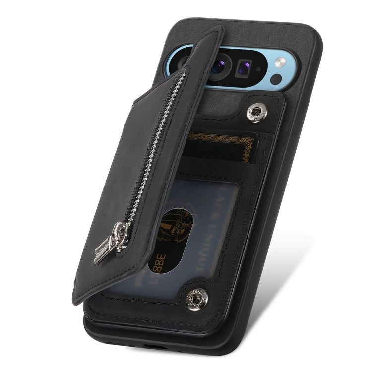 For Google Pixel 7 Retro MagSafe Zipper Wallet Card Bag Back Phone Case(Black)