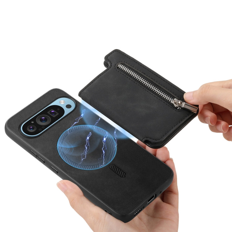For Google Pixel 7 Retro MagSafe Zipper Wallet Card Bag Back Phone Case(Black)