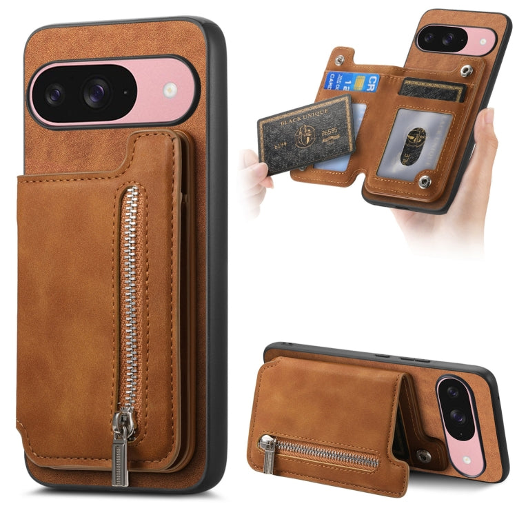 For Google Pixel 9 / 9 Pro Retro MagSafe Zipper Wallet Card Bag Back Phone Case(Brown)