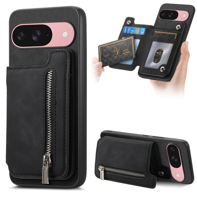 For Google Pixel 9 / 9 Pro Retro MagSafe Zipper Wallet Card Bag Back Phone Case(Black)