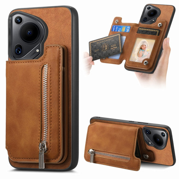 For Huawei Pura 70 Ultra Retro MagSafe Zipper Wallet Card Bag Back Phone Case(Brown)