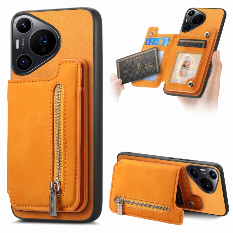 For Huawei Pura 70 Retro MagSafe Zipper Wallet Card Bag Back Phone Case(Yellow)