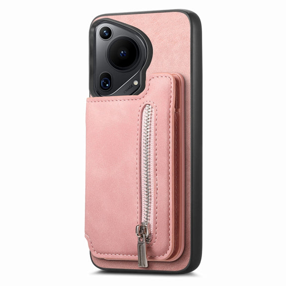 For Huawei Pura 70 Retro MagSafe Zipper Wallet Card Bag Back Phone Case(Pink)