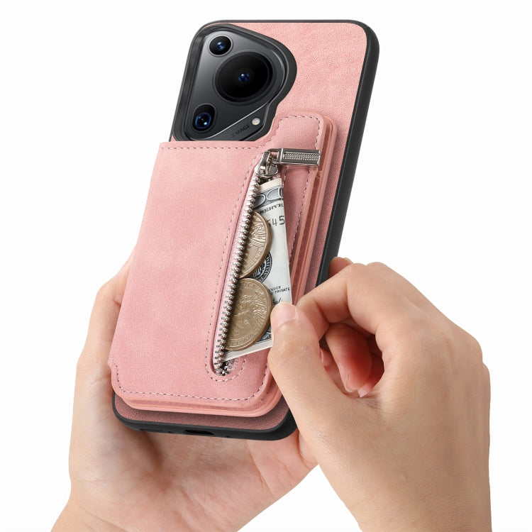 For Huawei Pura 70 Retro MagSafe Zipper Wallet Card Bag Back Phone Case(Pink)
