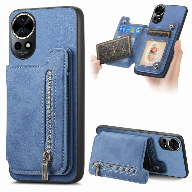 For Huawei nova 12 / 13 Retro MagSafe Zipper Wallet Card Bag Back Phone Case(Blue)