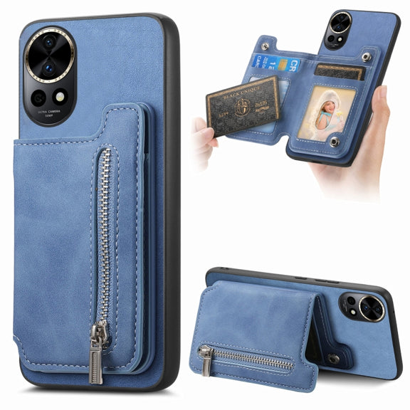 For Huawei nova 12 / 13 Retro MagSafe Zipper Wallet Card Bag Back Phone Case(Blue)