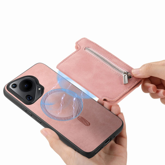 For Huawei nova 12 / 13 Retro MagSafe Zipper Wallet Card Bag Back Phone Case(Pink)