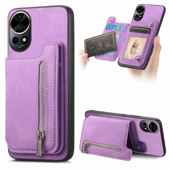 For Huawei nova 12 / 13 Retro MagSafe Zipper Wallet Card Bag Back Phone Case(Purple)