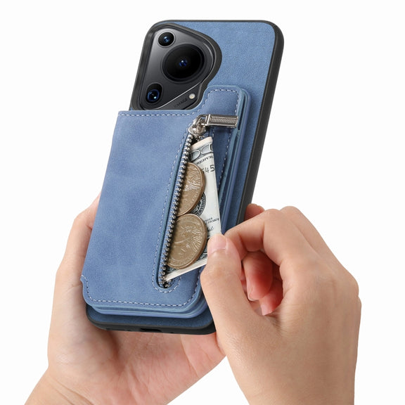For Huawei nova 13 Pro Retro MagSafe Zipper Wallet Card Bag Back Phone Case(Blue)