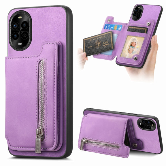 For Huawei nova 13 Pro Retro MagSafe Zipper Wallet Card Bag Back Phone Case(Purple)