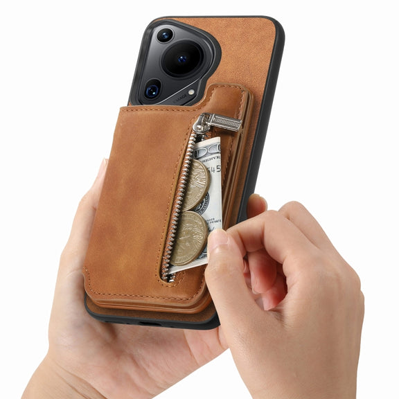 For Huawei nova 13 Pro Retro MagSafe Zipper Wallet Card Bag Back Phone Case(Brown)