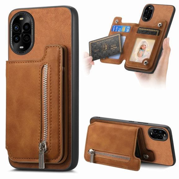 For Huawei nova 13 Pro Retro MagSafe Zipper Wallet Card Bag Back Phone Case(Brown)