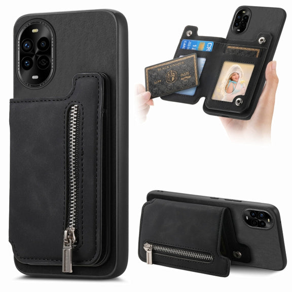 For Huawei nova 13 Pro Retro MagSafe Zipper Wallet Card Bag Back Phone Case(Black)
