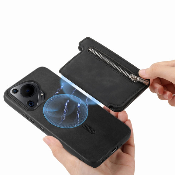 For Huawei nova 13 Pro Retro MagSafe Zipper Wallet Card Bag Back Phone Case(Black)