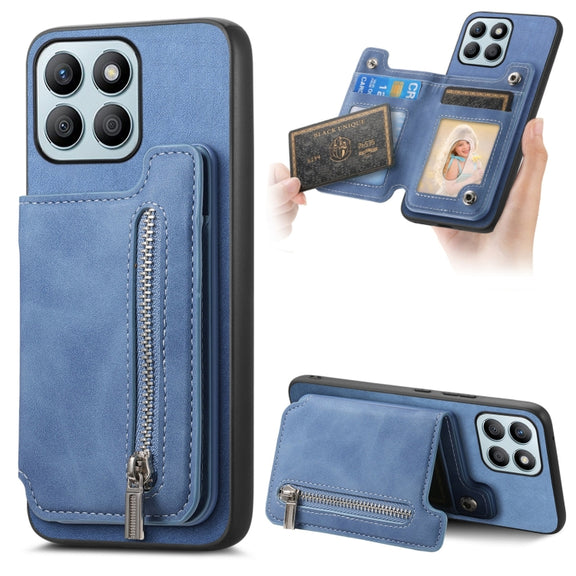 For Honor X8b Retro MagSafe Zipper Wallet Card Bag Back Phone Case(Blue)