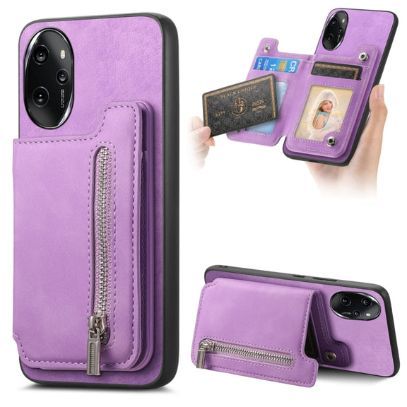 For Honor 100 Pro Retro MagSafe Zipper Wallet Card Bag Back Phone Case(Purple)