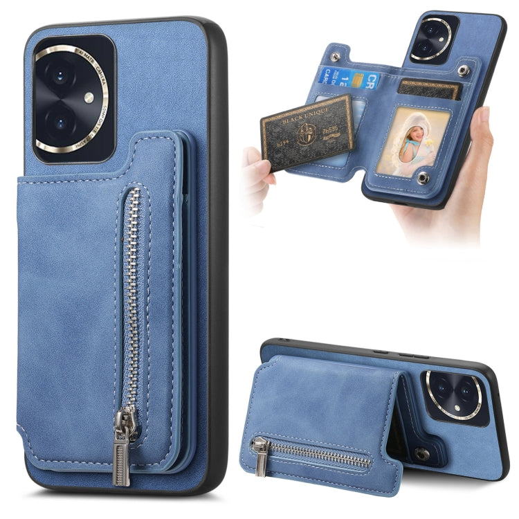For Honor 100 Retro MagSafe Zipper Wallet Card Bag Back Phone Case(Blue)