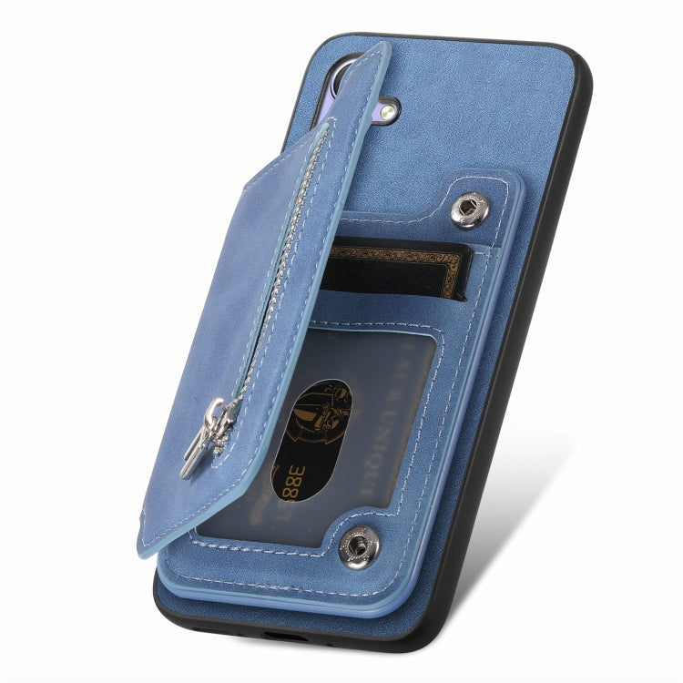 For Honor 100 Retro MagSafe Zipper Wallet Card Bag Back Phone Case(Blue)