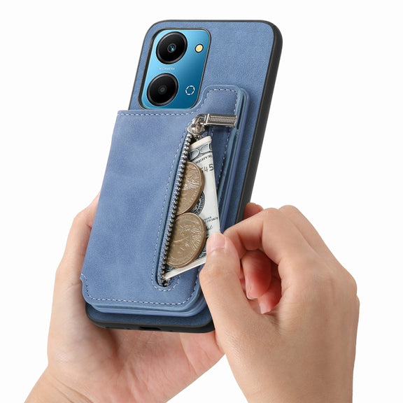 For Honor 100 Retro MagSafe Zipper Wallet Card Bag Back Phone Case(Blue)
