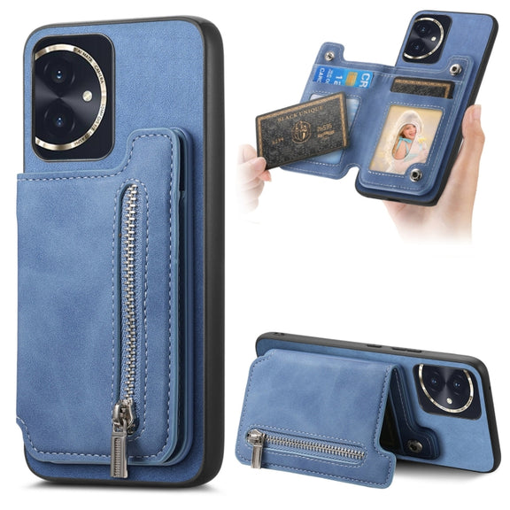 For Honor 100 Retro MagSafe Zipper Wallet Card Bag Back Phone Case(Blue)