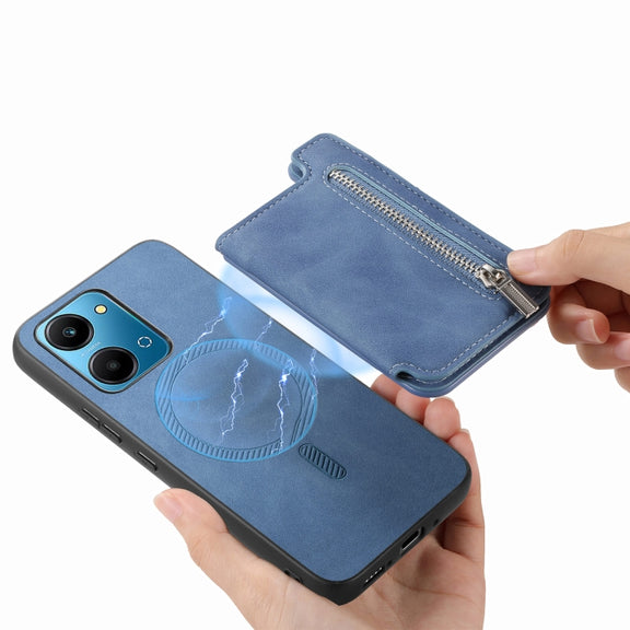 For Honor 100 Retro MagSafe Zipper Wallet Card Bag Back Phone Case(Blue)