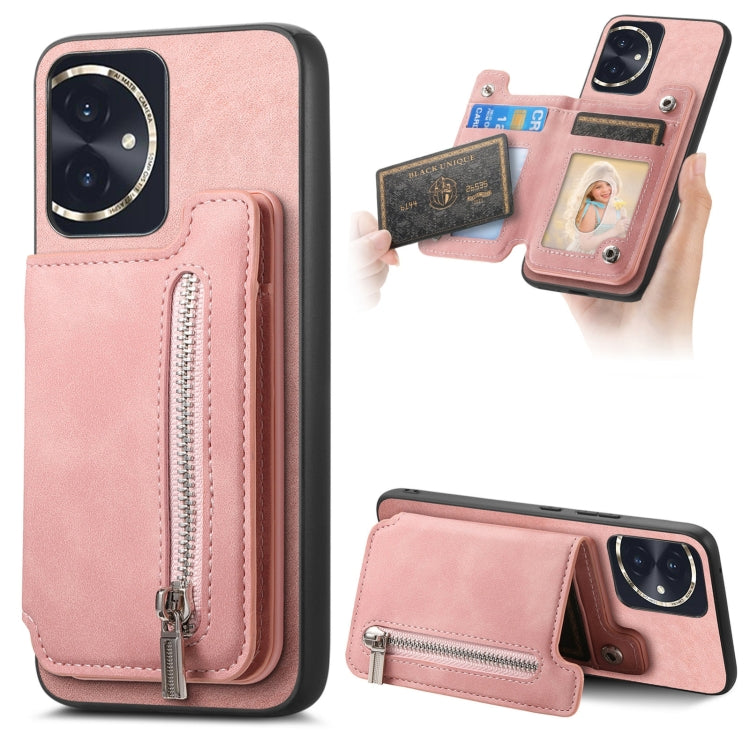For Honor 100 Retro MagSafe Zipper Wallet Card Bag Back Phone Case(Pink)