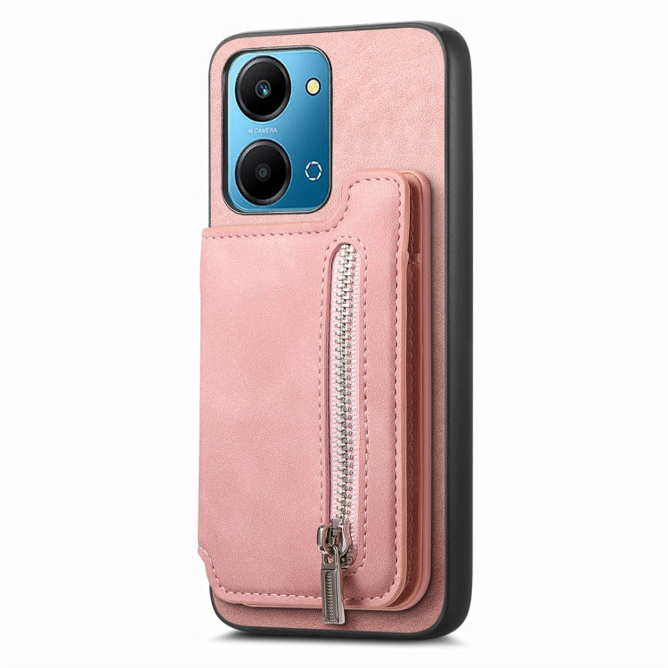 For Honor 100 Retro MagSafe Zipper Wallet Card Bag Back Phone Case(Pink)