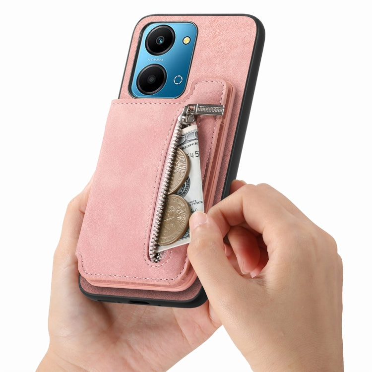 For Honor 100 Retro MagSafe Zipper Wallet Card Bag Back Phone Case(Pink)