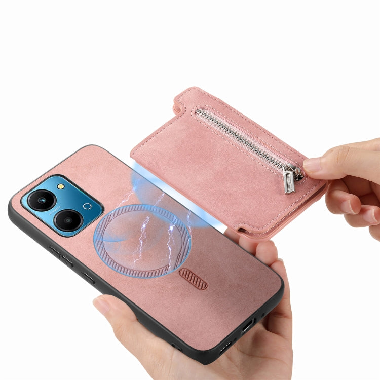 For Honor 100 Retro MagSafe Zipper Wallet Card Bag Back Phone Case(Pink)