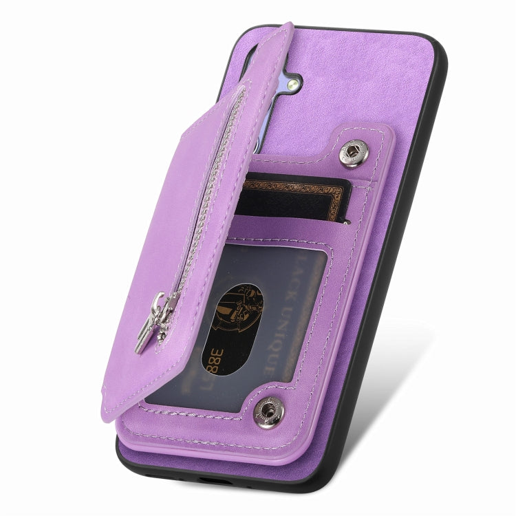 For Honor 100 Retro MagSafe Zipper Wallet Card Bag Back Phone Case(Purple)