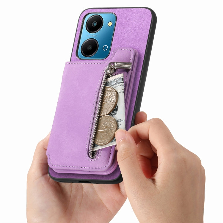 For Honor 100 Retro MagSafe Zipper Wallet Card Bag Back Phone Case(Purple)