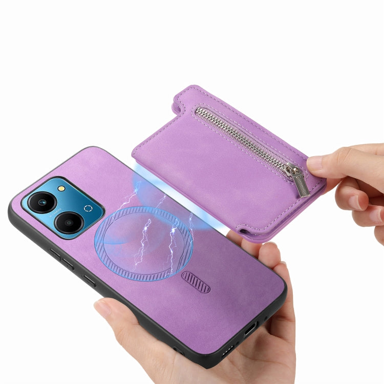 For Honor 100 Retro MagSafe Zipper Wallet Card Bag Back Phone Case(Purple)