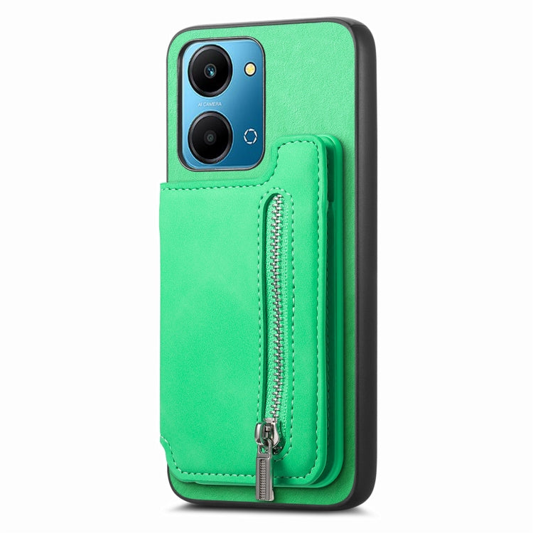 For Honor 100 Retro MagSafe Zipper Wallet Card Bag Back Phone Case(Green)